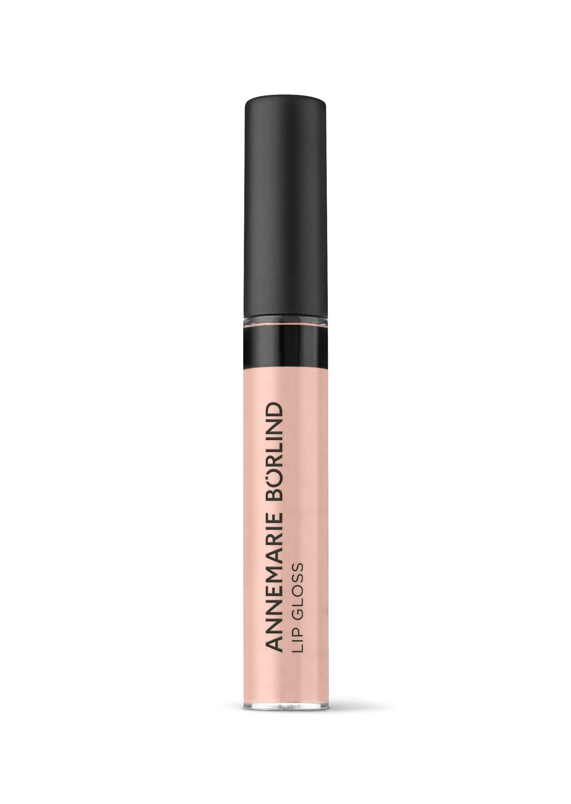 ANNEMARIE BÖRLIND Lip Gloss in Nude, 9 ml Flasche mit schwarzem Deckel vor schwarzem Hintergrund